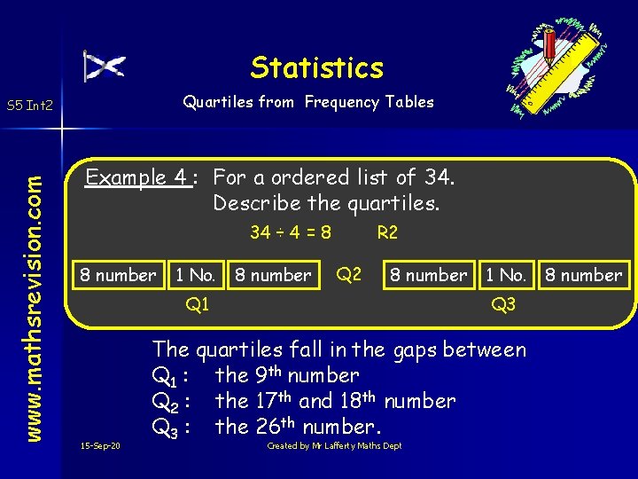Statistics Quartiles from Frequency Tables www. mathsrevision. com S 5 Int 2 Example 4