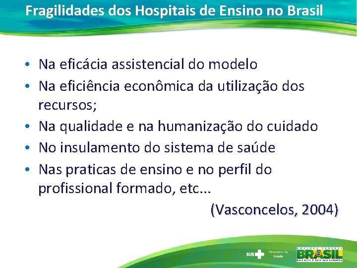 Fragilidades dos Hospitais de Ensino no Brasil • Na eficácia assistencial do modelo •