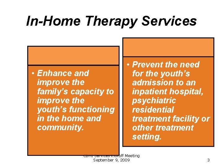 In-Home Therapy Services • Enhance and improve the family’s capacity to improve the youth’s