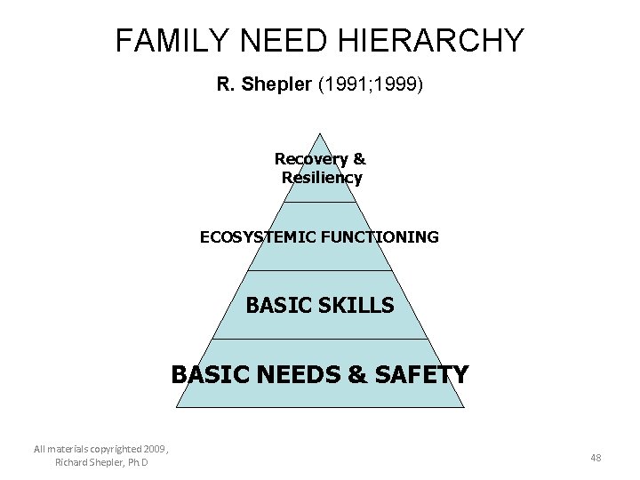 FAMILY NEED HIERARCHY R. Shepler (1991; 1999) Recovery & Resiliency ECOSYSTEMIC FUNCTIONING BASIC SKILLS