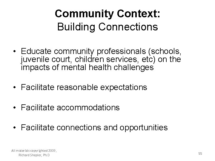 Community Context: Building Connections • Educate community professionals (schools, juvenile court, children services, etc)