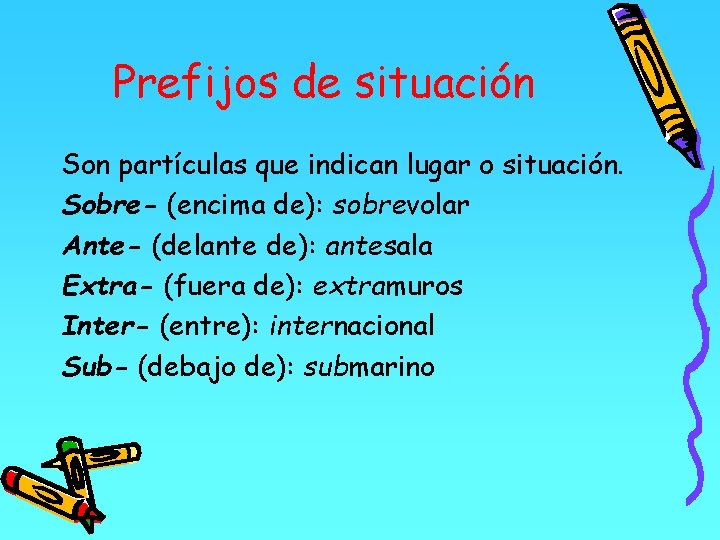 Prefijos de situación Son partículas que indican lugar o situación. Sobre- (encima de): sobrevolar