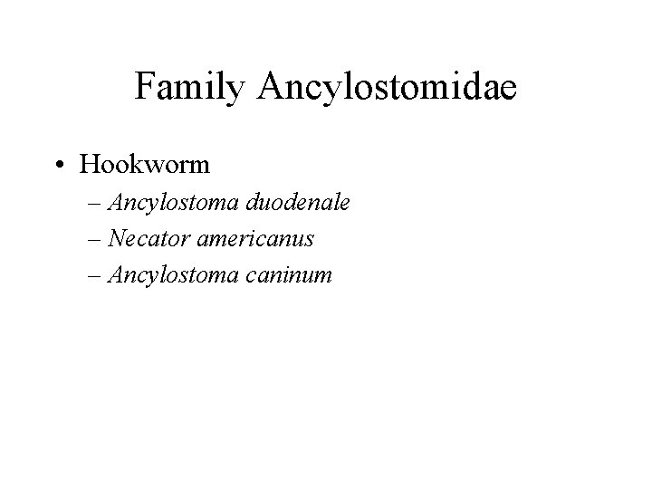 Family Ancylostomidae • Hookworm – Ancylostoma duodenale – Necator americanus – Ancylostoma caninum Family Ancylostomidae • Hookworm – Ancylostoma duodenale – Necator americanus – Ancylostoma caninum