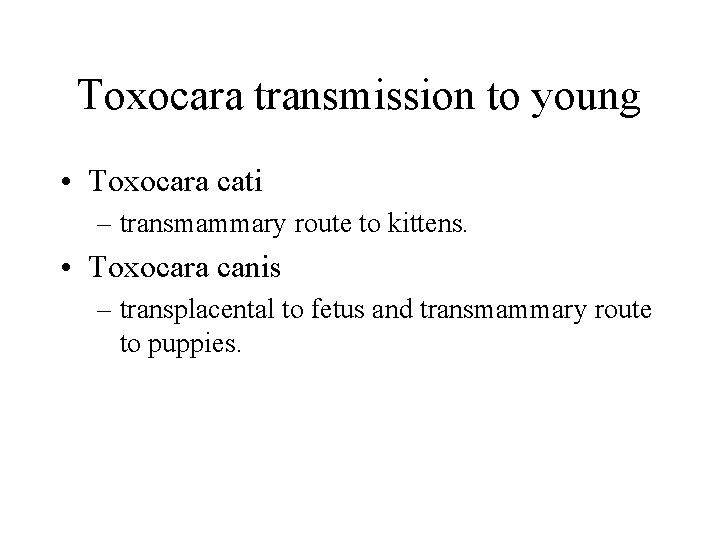 Toxocara transmission to young • Toxocara cati – transmammary route to kittens. • Toxocara Toxocara transmission to young • Toxocara cati – transmammary route to kittens. • Toxocara
