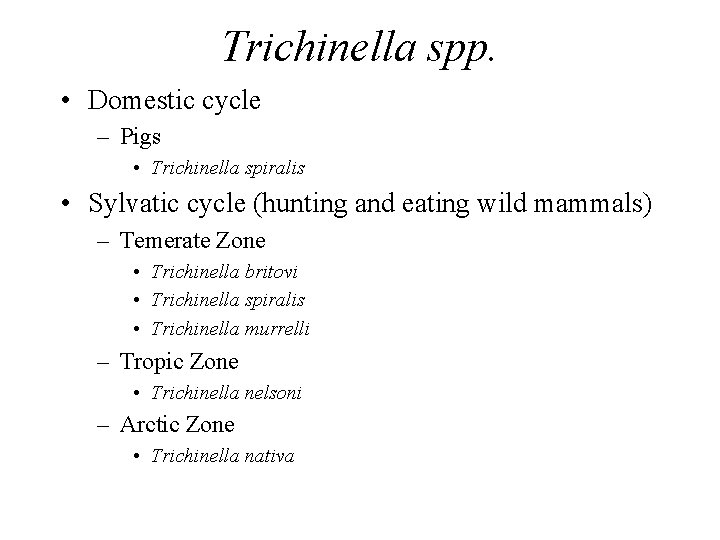 Trichinella spp. • Domestic cycle – Pigs • Trichinella spiralis • Sylvatic cycle (hunting Trichinella spp. • Domestic cycle – Pigs • Trichinella spiralis • Sylvatic cycle (hunting