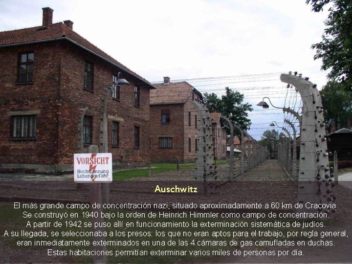 Auschwitz El más grande campo de concentración nazi, situado aproximadamente a 60 km de