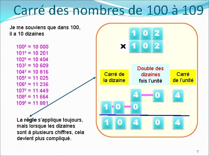 Carré des nombres de 100 à 109 Je me souviens que dans 100, il