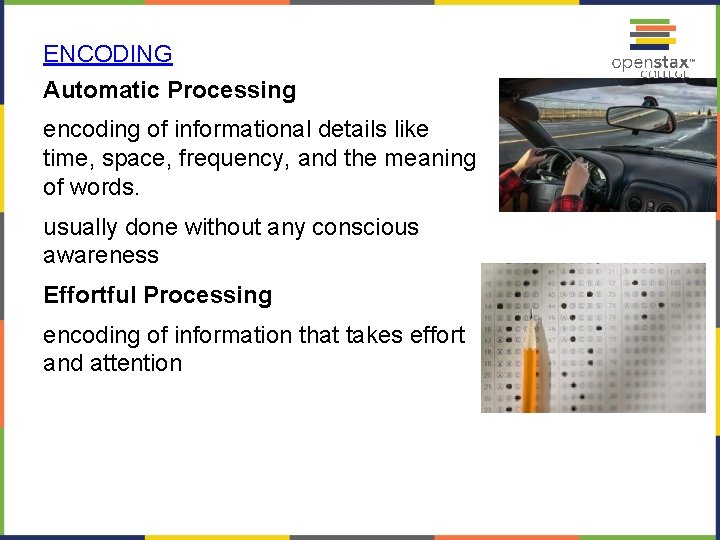 ENCODING Automatic Processing encoding of informational details like time, space, frequency, and the meaning
