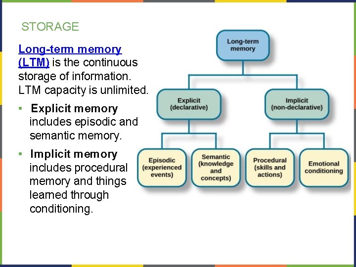 STORAGE Long-term memory (LTM) is the continuous storage of information. LTM capacity is unlimited.