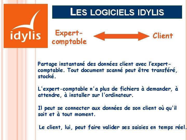 LES LOGICIELS IDYLIS Expertcomptable Client Partage instantané des données client avec l’expertcomptable. Tout document