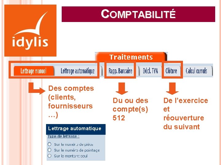 COMPTABILITÉ Des comptes (clients, fournisseurs …) Lettrage automatique Du ou des compte(s) 512 De