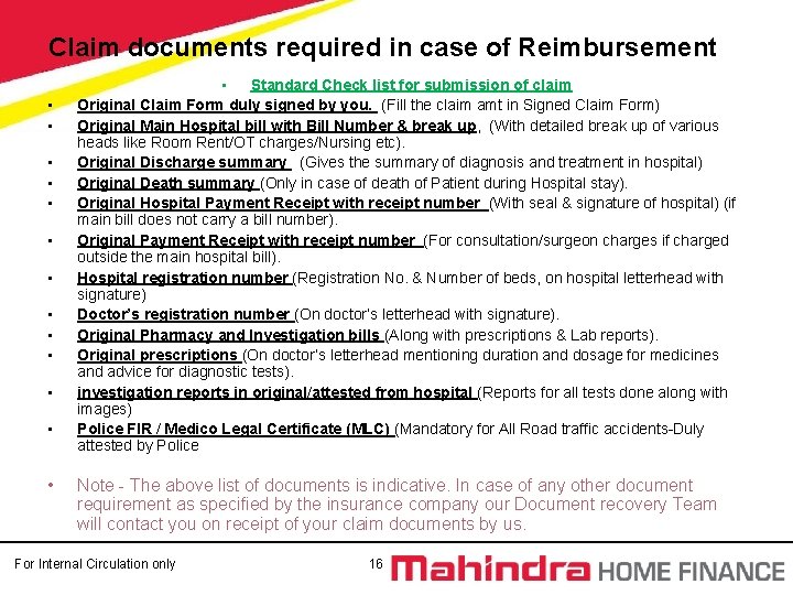 Claim documents required in case of Reimbursement • • • • Standard Check list Claim documents required in case of Reimbursement • • • • Standard Check list
