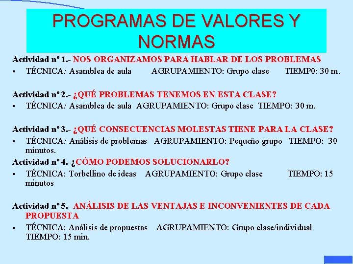 PROGRAMAS DE VALORES Y NORMAS Actividad nº 1. - NOS ORGANIZAMOS PARA HABLAR DE