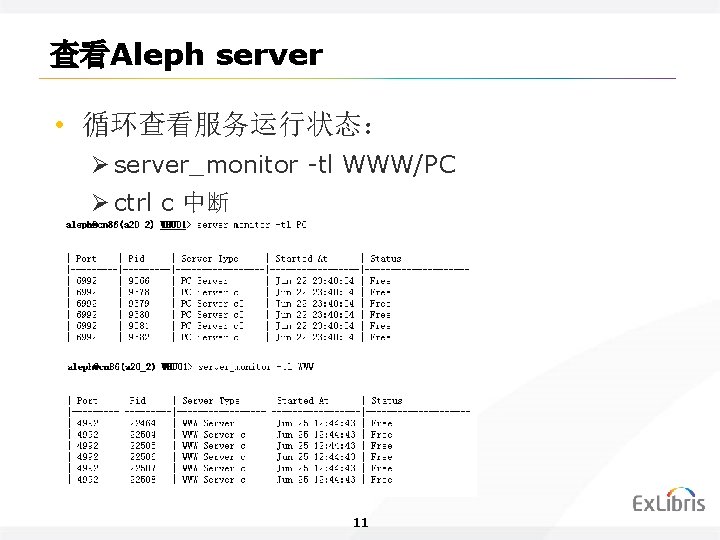 查看Aleph server • 循环查看服务运行状态： Ø server_monitor -tl WWW/PC Ø ctrl c 中断 11 