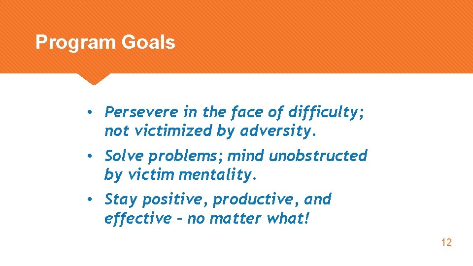 Program Goals • Persevere in the face of difficulty; not victimized by adversity. •