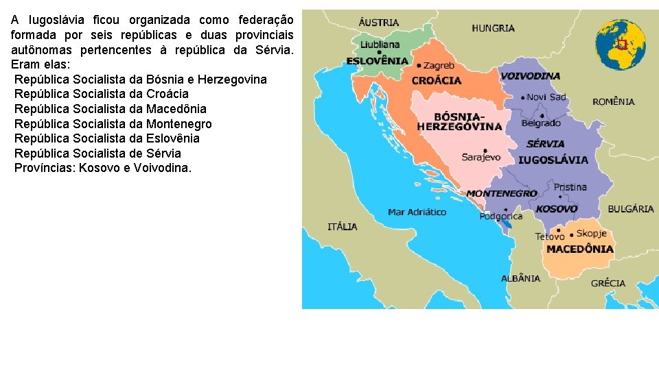 A Iugoslávia ficou organizada como federação formada por seis repúblicas e duas provinciais autônomas