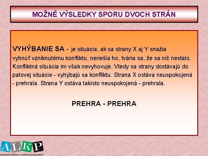 MOŽNÉ VÝSLEDKY SPORU DVOCH STRÁN VYHÝBANIE SA - je situácia, ak sa strany X