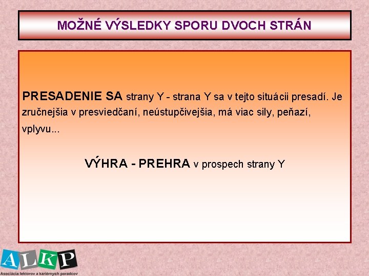 MOŽNÉ VÝSLEDKY SPORU DVOCH STRÁN PRESADENIE SA strany Y - strana Y sa v