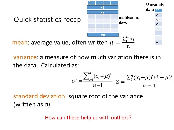 feature 1 Quick statistics recap feature 2 feature 3 … Univariate data x 1