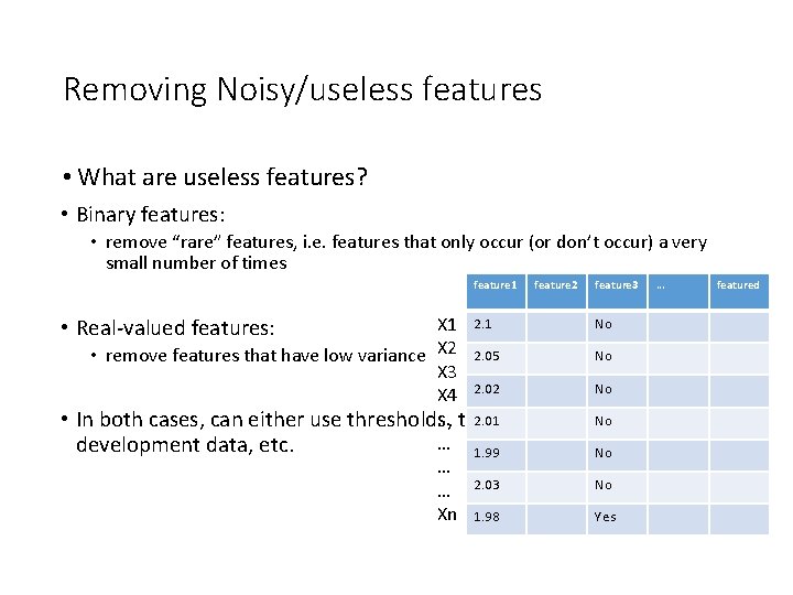 Removing Noisy/useless features • What are useless features? • Binary features: • remove “rare”