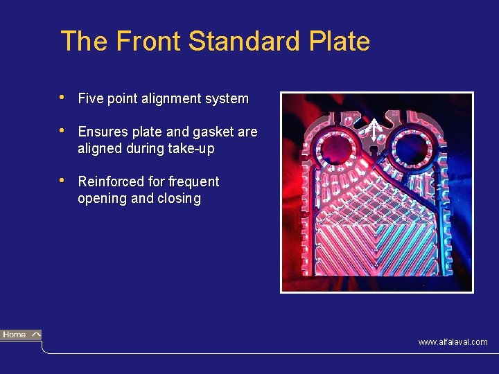 The Front Standard Plate • Five point alignment system • Ensures plate and gasket