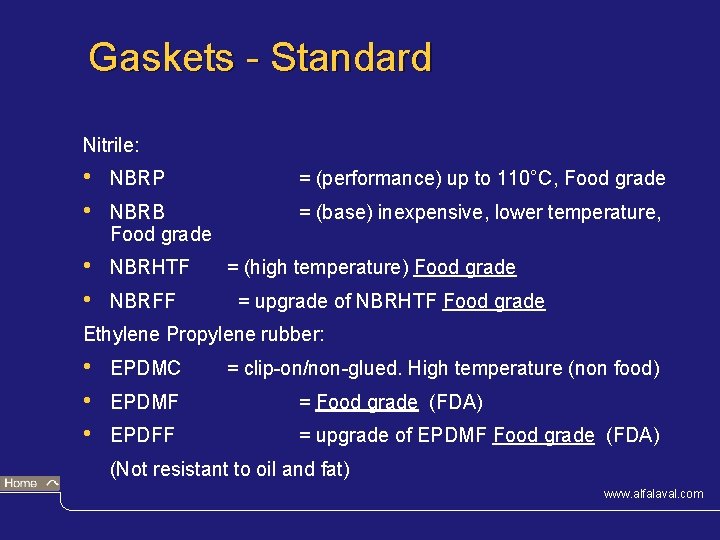 Gaskets - Standard Nitrile: • • NBRP = (performance) up to 110°C, Food grade