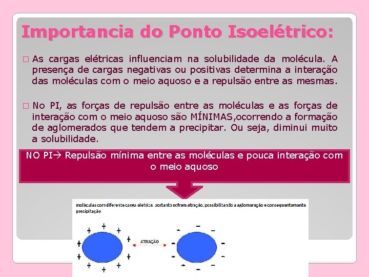 Importancia do Ponto Isoelétrico: � As cargas elétricas influenciam na solubilidade da molécula. A