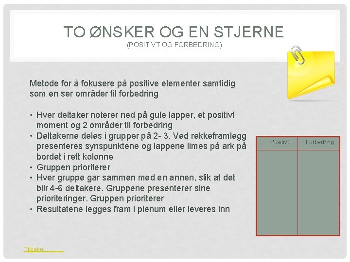 TO ØNSKER OG EN STJERNE (POSITIVT OG FORBEDRING) Metode for å fokusere på positive