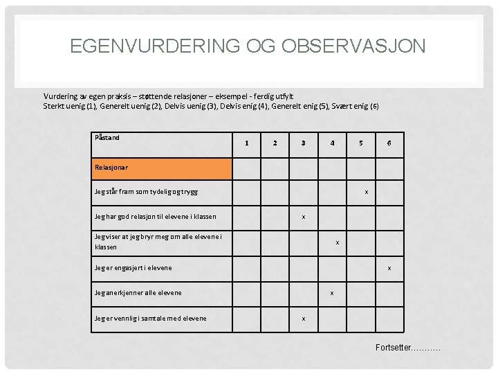 EGENVURDERING OG OBSERVASJON Vurdering av egen praksis – støttende relasjoner – eksempel - ferdig