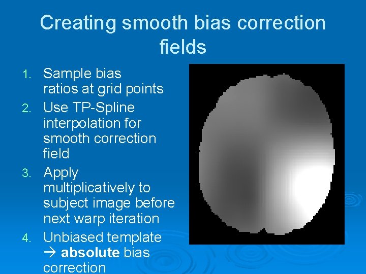Creating smooth bias correction fields Sample bias ratios at grid points 2. Use TP-Spline