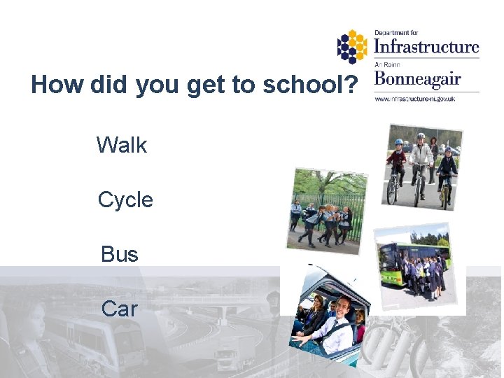 How did you get to school? Walk Cycle Bus Car 