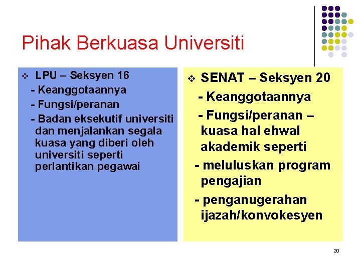 Pihak Berkuasa Universiti v LPU – Seksyen 16 - Keanggotaannya - Fungsi/peranan - Badan