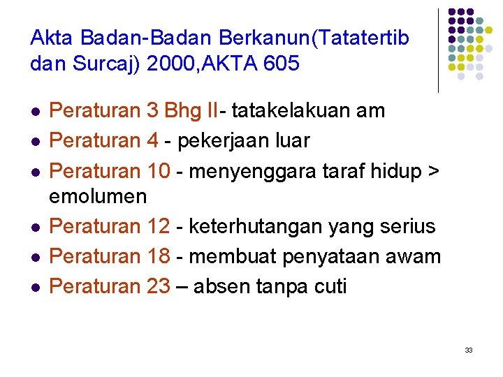 Akta Badan-Badan Berkanun(Tatatertib dan Surcaj) 2000, AKTA 605 l l l Peraturan 3 Bhg