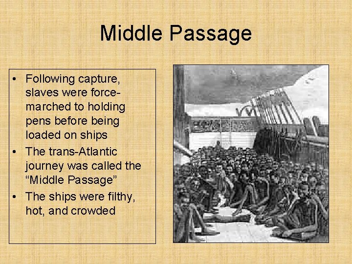 Middle Passage • Following capture, slaves were forcemarched to holding pens before being loaded