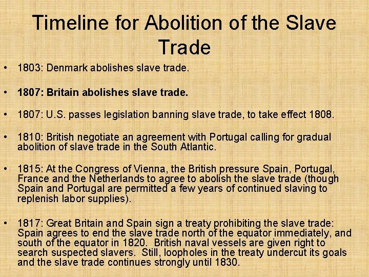 Timeline for Abolition of the Slave Trade • 1803: Denmark abolishes slave trade. •
