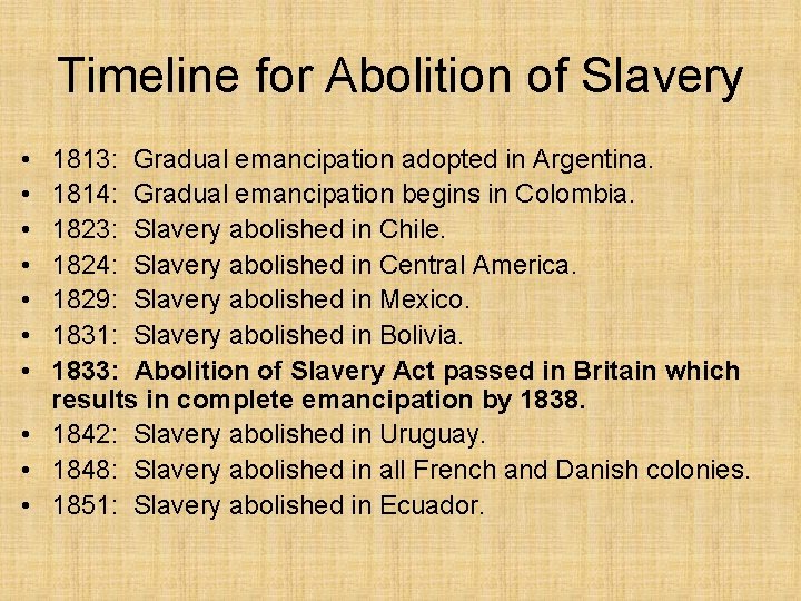 Timeline for Abolition of Slavery • • 1813: Gradual emancipation adopted in Argentina. 1814: