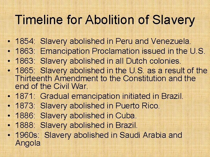 Timeline for Abolition of Slavery • • • 1854: Slavery abolished in Peru and