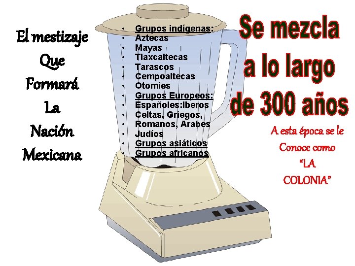 El mestizaje Que Formará La Nación Mexicana • • • • Grupos indígenas: Aztecas