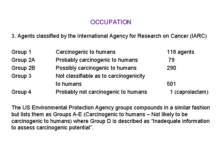 OCCUPATION 3. Agents classified by the International Agency for Research on Cancer (IARC) Group