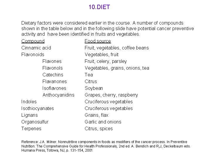 10. DIET Dietary factors were considered earlier in the course. A number of compounds