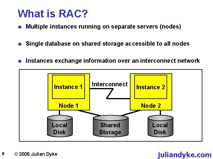 What is RAC? u Multiple instances running on separate servers (nodes) u Single database