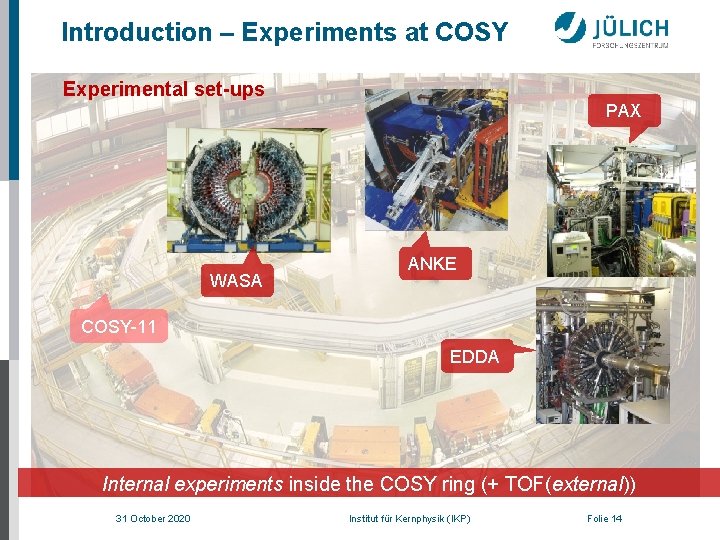 Introduction – Experiments at COSY Experimental set-ups PAX WASA ANKE COSY-11 EDDA Internal experiments