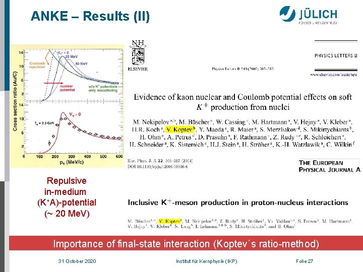 ANKE – Results (II) Repulsive in-medium (K+A)-potential (~ 20 Me. V) Importance of final-state