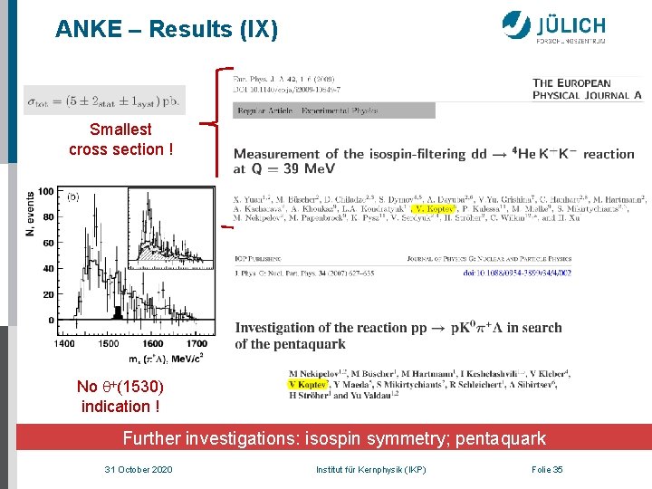 ANKE – Results (IX) Smallest cross section ! No q+(1530) indication ! Further investigations: