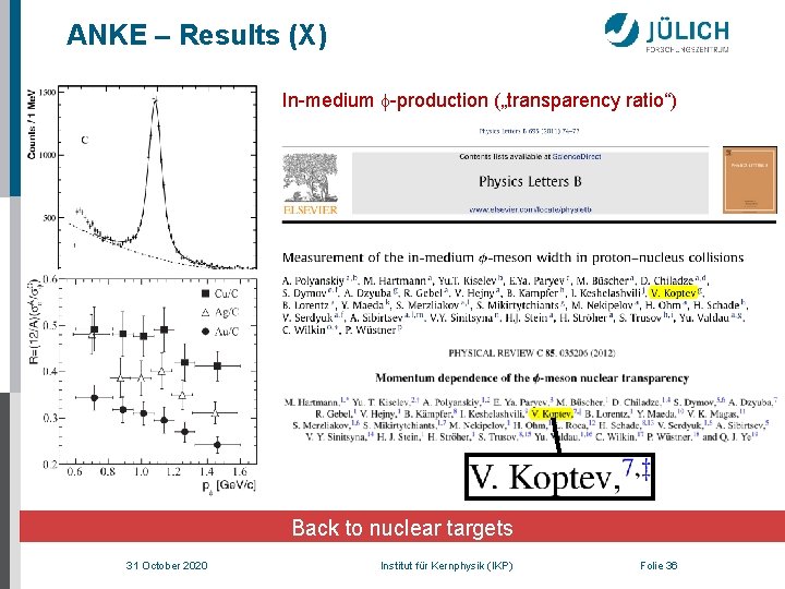 ANKE – Results (X) In-medium f-production („transparency ratio“) Back to nuclear targets 31 October