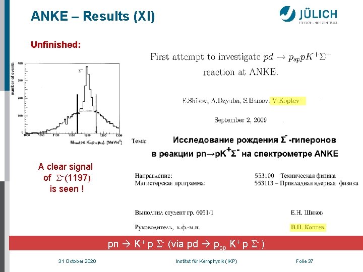 ANKE – Results (XI) Unfinished: A clear signal of S-(1197) is seen ! pn