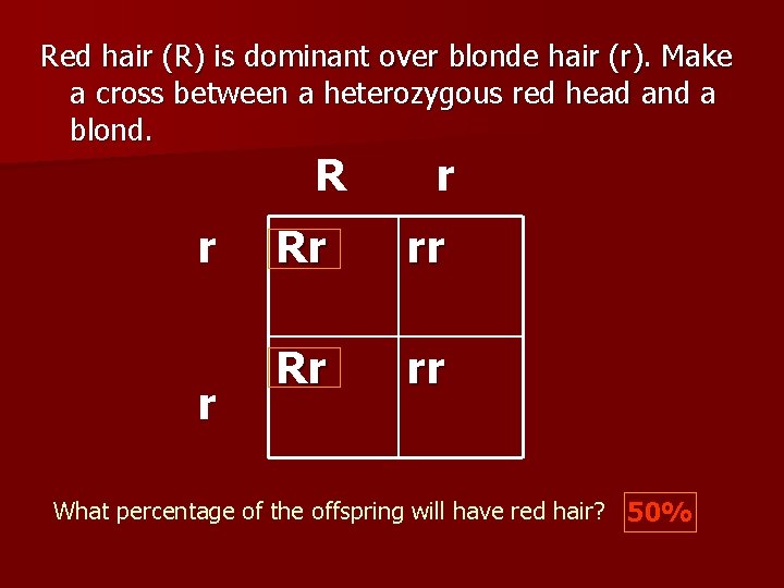 Red hair (R) is dominant over blonde hair (r). Make a cross between a