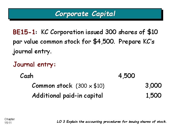 Corporate Capital BE 15 -1: KC Corporation issued 300 shares of $10 par value