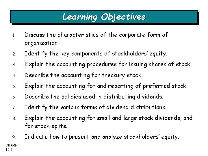 Learning Objectives 1. Discuss the characteristics of the corporate form of organization. 2. Identify