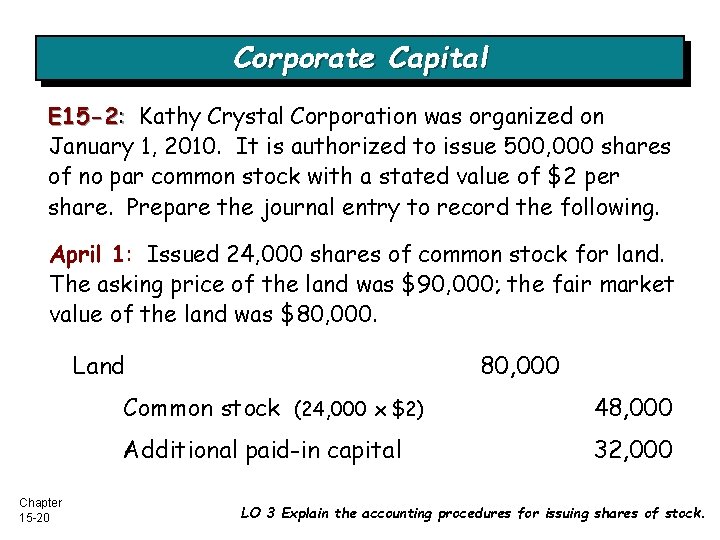 Corporate Capital E 15 -2: Kathy Crystal Corporation was organized on January 1, 2010.